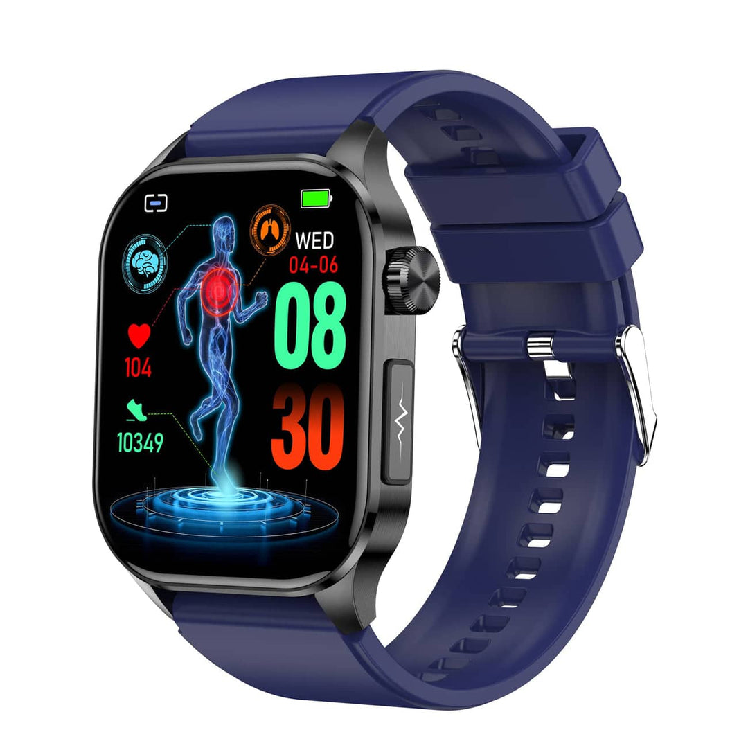 Blaue Smartwatch mit Fitness-Tracking, Herzfrequenzanzeige, Schrittzähler, rechte Seitenansicht.