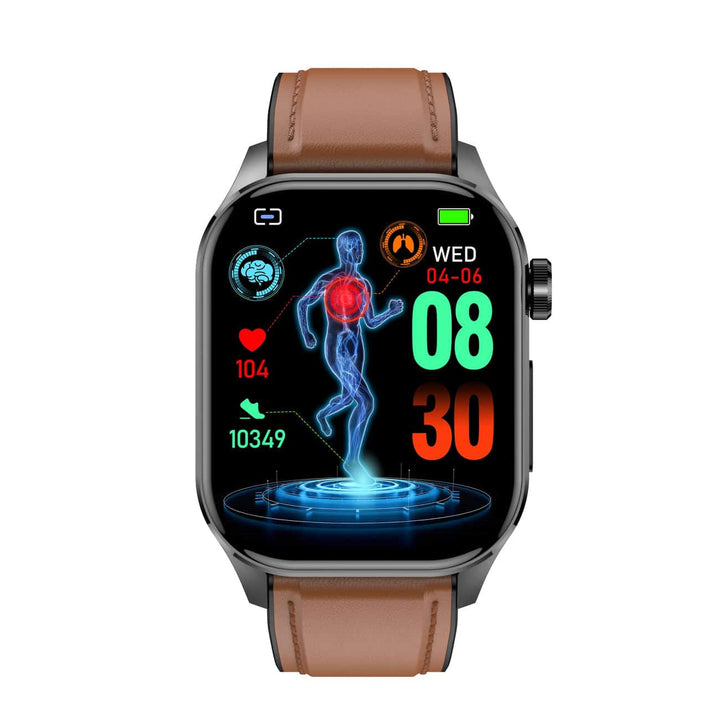 Smartwatch mit braunem Lederarmband, Fitness-Tracking, Herzfrequenzanzeige, Schrittzähler.