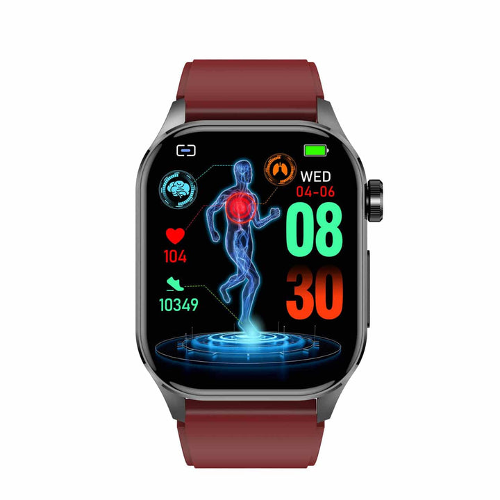 Smartwatch mit rotem Armband, Fitness-Tracking, Herzfrequenzanzeige, Schrittzähler, digital.