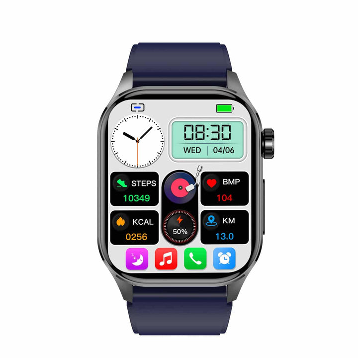 Smartwatch mit blauem Armband, Fitness-Tracker, Herzfrequenz, Schritte, Kalorien, silbernes Gehäuse.