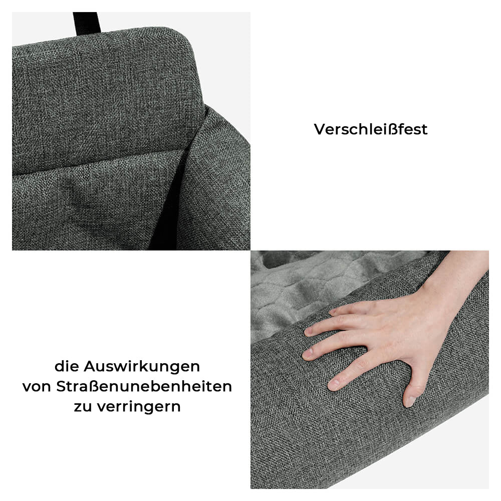 "Waschbarer Hundeautositz mit rutschfestem Boden, großem Platzangebot, Stoßdämpfung und maschinenwaschbarem Bezug."