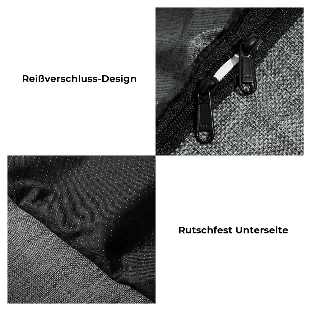 "Waschbarer Hundeautositz mit rutschfestem Boden, großem Platzangebot, Stoßdämpfung und maschinenwaschbarem Bezug."
