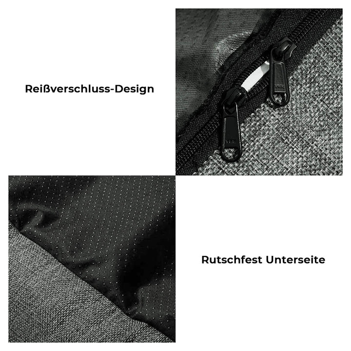 "Waschbarer Hundeautositz mit rutschfestem Boden, großem Platzangebot, Stoßdämpfung und maschinenwaschbarem Bezug."
