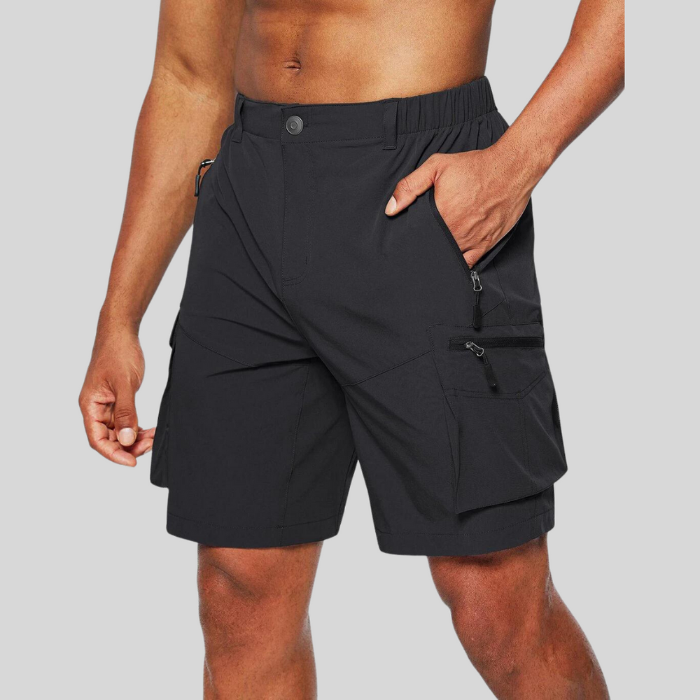 Wasserabweisende Herren Cargoshorts in Grau mit zahlreichen Taschen, ideal für Outdoor-Aktivitäten und maximalen Komfort.