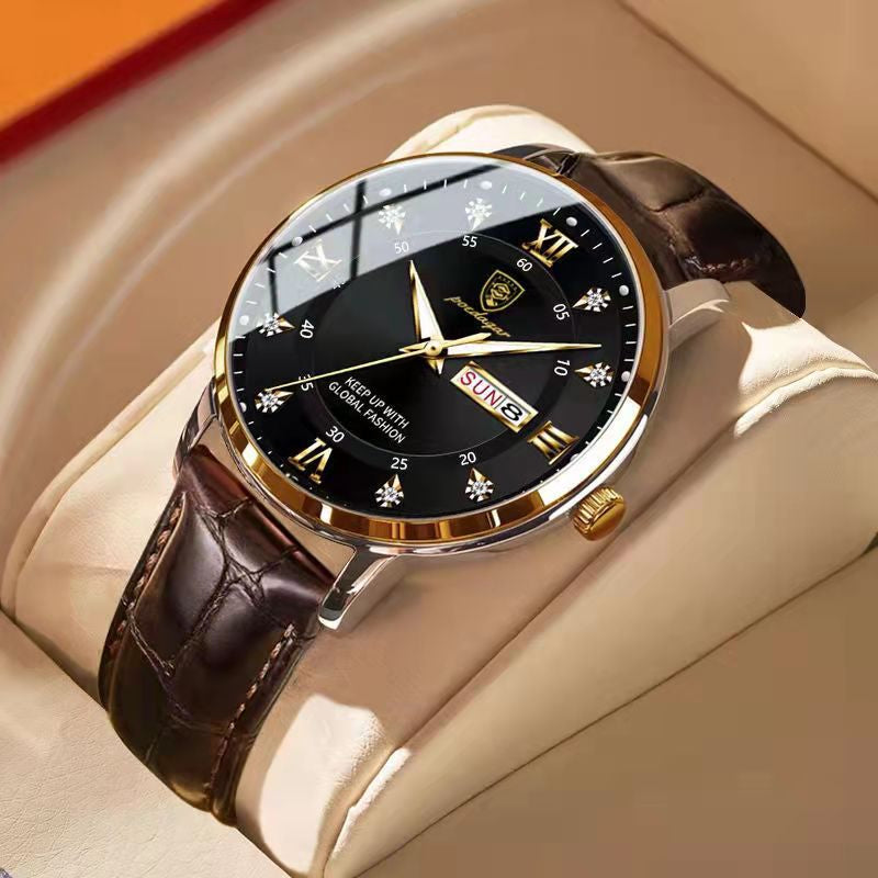"Wasserdichte Herrenuhr mit leuchtenden Zeigern, Edelstahlgehäuse und Quarzuhrwerk, ideal für Meetings und Tauchgänge."
