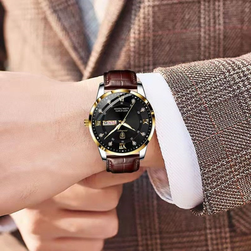 "Wasserdichte Herrenuhr mit leuchtenden Zeigern, Edelstahlgehäuse und Quarzuhrwerk, ideal für Meetings und Tauchgänge."