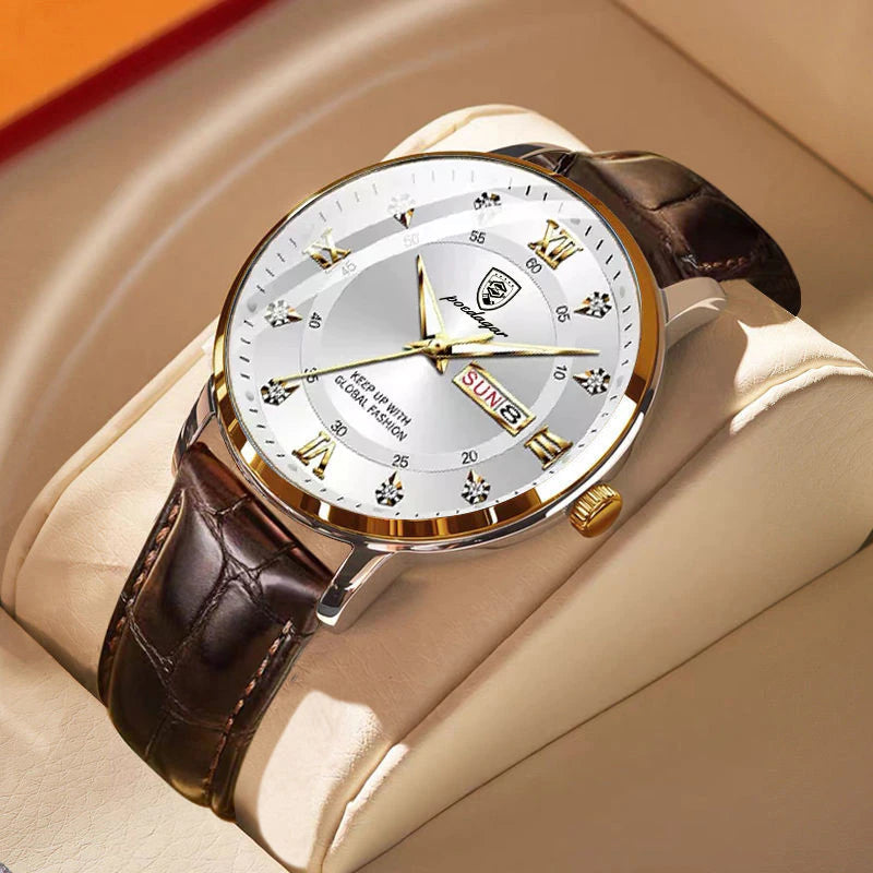 "Wasserdichte Herrenuhr mit leuchtenden Zeigern, Edelstahlgehäuse und Quarzuhrwerk, ideal für Meetings und Tauchgänge."