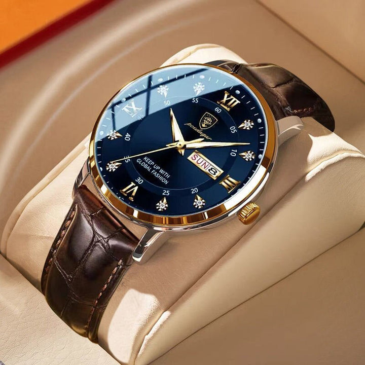 "Wasserdichte Herrenuhr mit leuchtenden Zeigern, Edelstahlgehäuse und Quarzuhrwerk, ideal für Meetings und Tauchgänge."