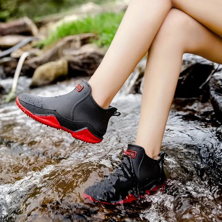 "Wasserdichte, stilvolle Damen-Gummistiefel, PVC-Material, modische Herbstfarben, komfortabler niedriger Absatz, Outdoor-Aben