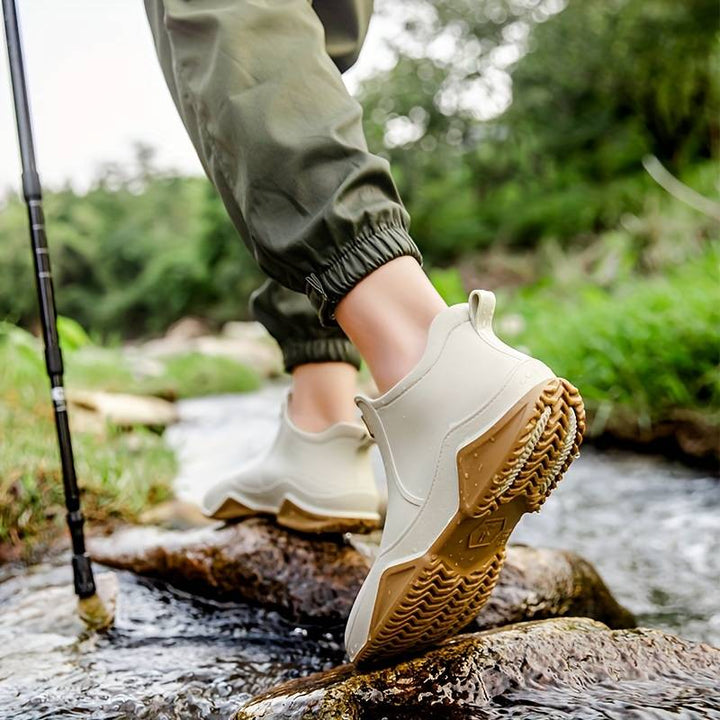"Wasserdichte, stilvolle Damen-Gummistiefel, PVC-Material, modische Herbstfarben, komfortabler niedriger Absatz, Outdoor-Aben