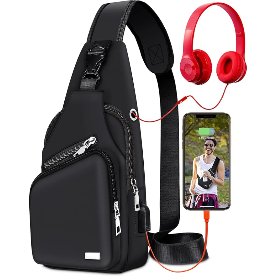 "Wasserdichte, stilvolle Sling Bag, Vorderansicht, ideal für Reisen und Outdoor, mit verstellbaren Trägern und geräumigen Fäc