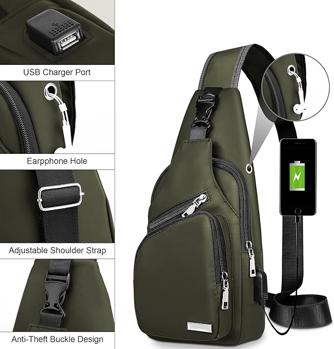 "Wasserdichte, stilvolle Sling Bag, Vorderansicht, ideal für Reisen und Outdoor, mit verstellbaren Trägern und geräumigen Fäc