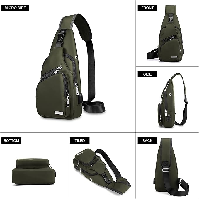 "Wasserdichte, stilvolle Sling Bag, Vorderansicht, ideal für Reisen und Outdoor, mit verstellbaren Trägern und geräumigen Fäc