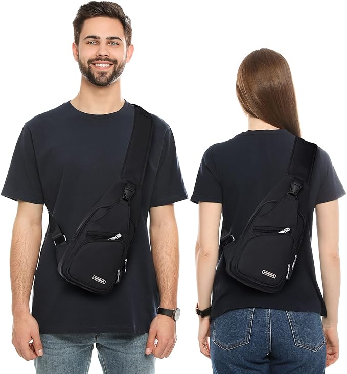 "Wasserdichte, stilvolle Sling Bag, Vorderansicht, ideal für Reisen und Outdoor, mit verstellbaren Trägern und geräumigen Fäc