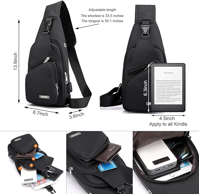 "Wasserdichte, stilvolle Sling Bag, Vorderansicht, ideal für Reisen und Outdoor, mit verstellbaren Trägern und geräumigen Fäc
