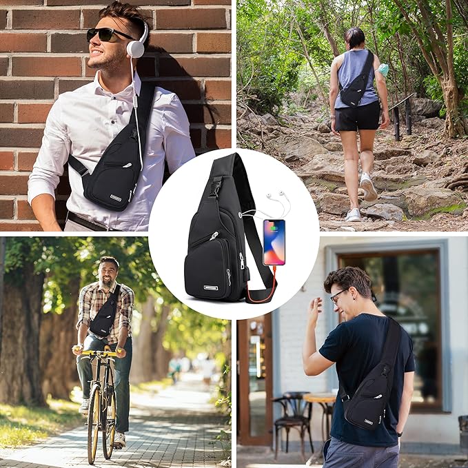 "Wasserdichte, stilvolle Sling Bag, Vorderansicht, ideal für Reisen und Outdoor, mit verstellbaren Trägern und geräumigen Fäc