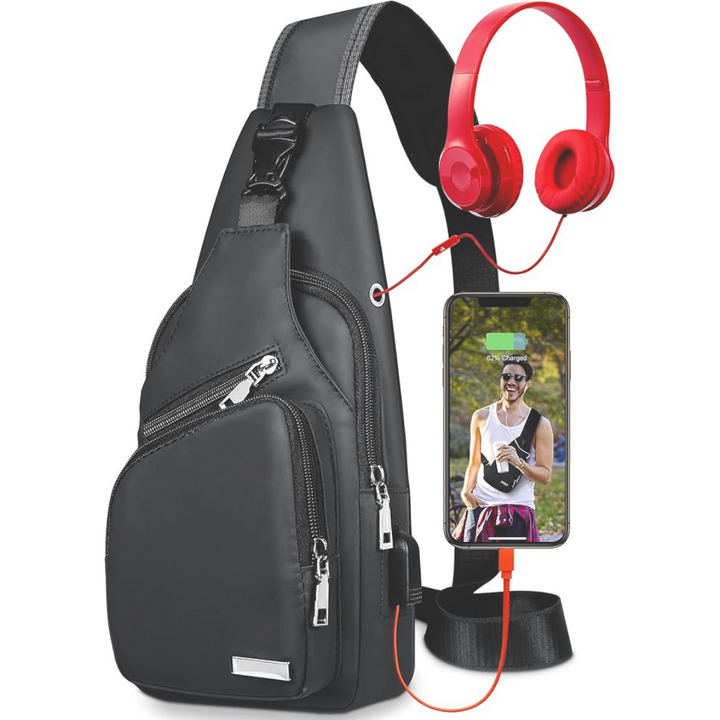 "Wasserdichte, stilvolle Sling Bag, Vorderansicht, ideal für Reisen und Outdoor, mit verstellbaren Trägern und geräumigen Fäc