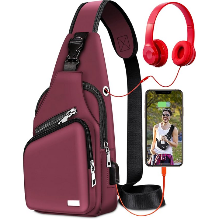 "Wasserdichte, stilvolle Sling Bag, Vorderansicht, ideal für Reisen und Outdoor, mit verstellbaren Trägern und geräumigen Fäc