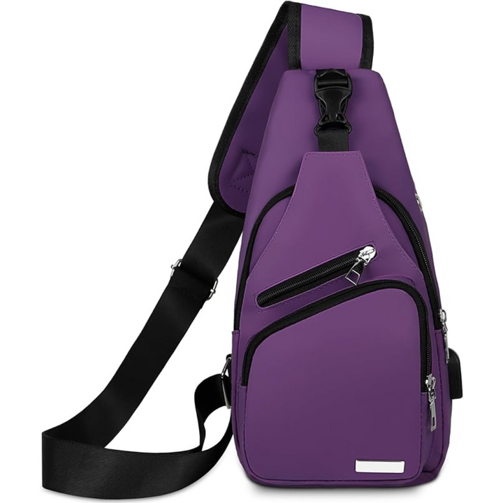 "Wasserdichte, stilvolle Sling Bag, Vorderansicht, ideal für Reisen und Outdoor, mit verstellbaren Trägern und geräumigen Fäc