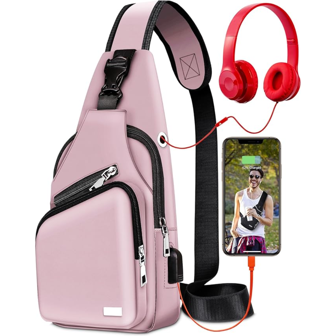 "Wasserdichte, stilvolle Sling Bag, Vorderansicht, ideal für Reisen und Outdoor, mit verstellbaren Trägern und geräumigen Fäc