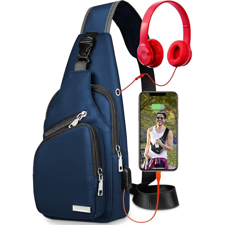 "Wasserdichte, stilvolle Sling Bag, Vorderansicht, ideal für Reisen und Outdoor, mit verstellbaren Trägern und geräumigen Fäc