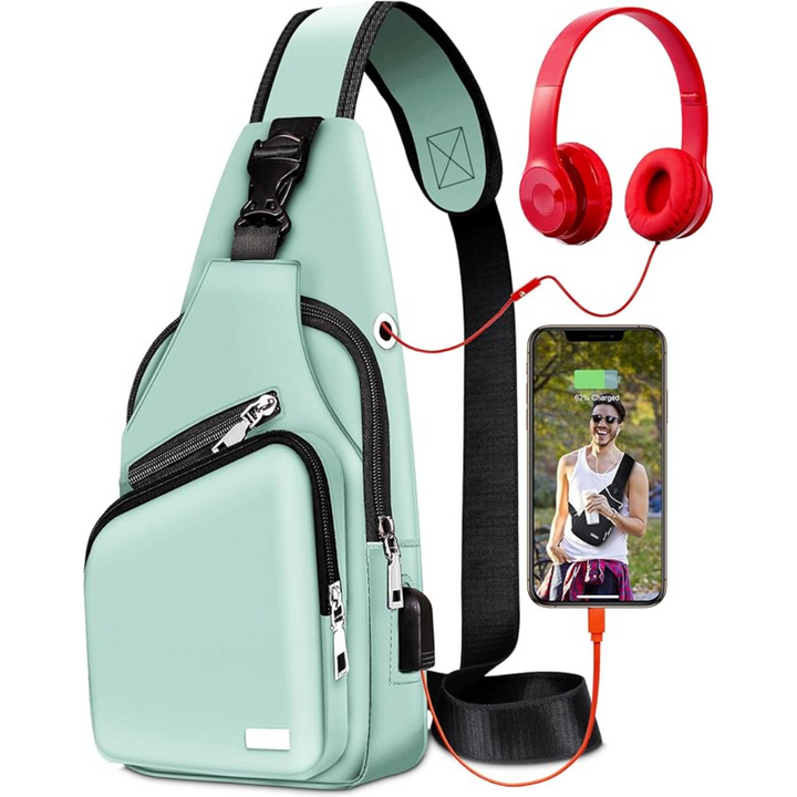 "Wasserdichte, stilvolle Sling Bag, Vorderansicht, ideal für Reisen und Outdoor, mit verstellbaren Trägern und geräumigen Fäc