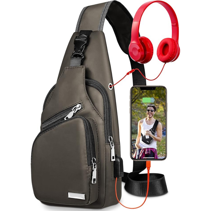 "Wasserdichte, stilvolle Sling Bag, Vorderansicht, ideal für Reisen und Outdoor, mit verstellbaren Trägern und geräumigen Fäc