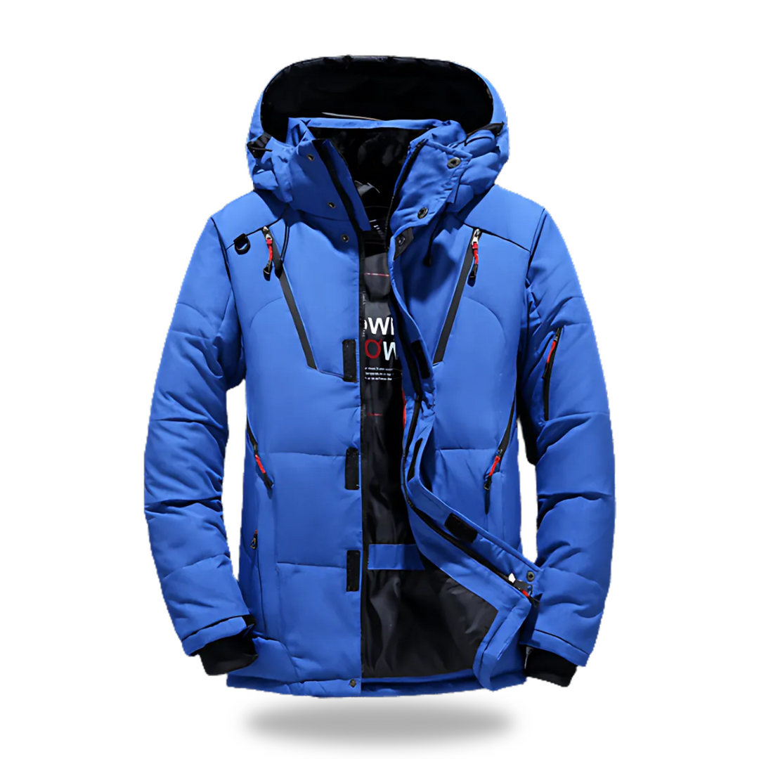 "Wasserdichte Winterjacke mit Kapuze für Damen und Herren, Rückansicht, hochwertiges und isoliertes Material, in Schwarz."