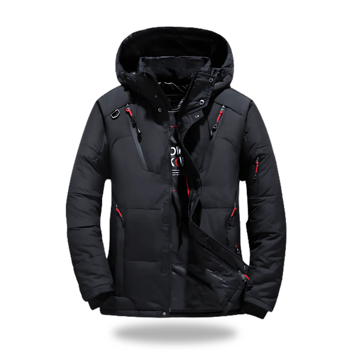 "Wasserdichte Winterjacke mit Kapuze für Damen und Herren, Rückansicht, hochwertiges und isoliertes Material, in Schwarz."