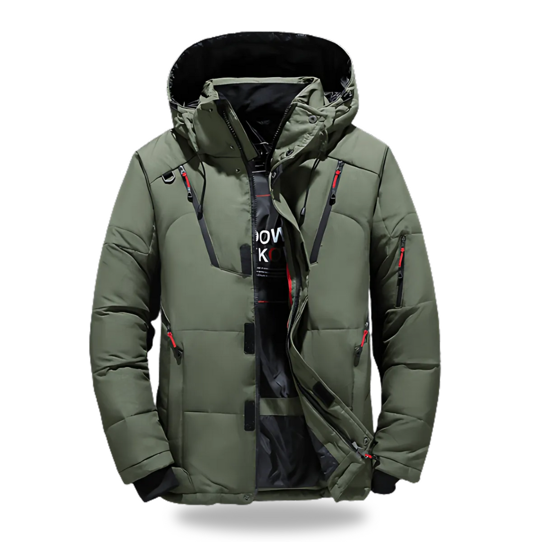 "Wasserdichte Winterjacke mit Kapuze für Damen und Herren, Rückansicht, hochwertiges und isoliertes Material, in Schwarz."