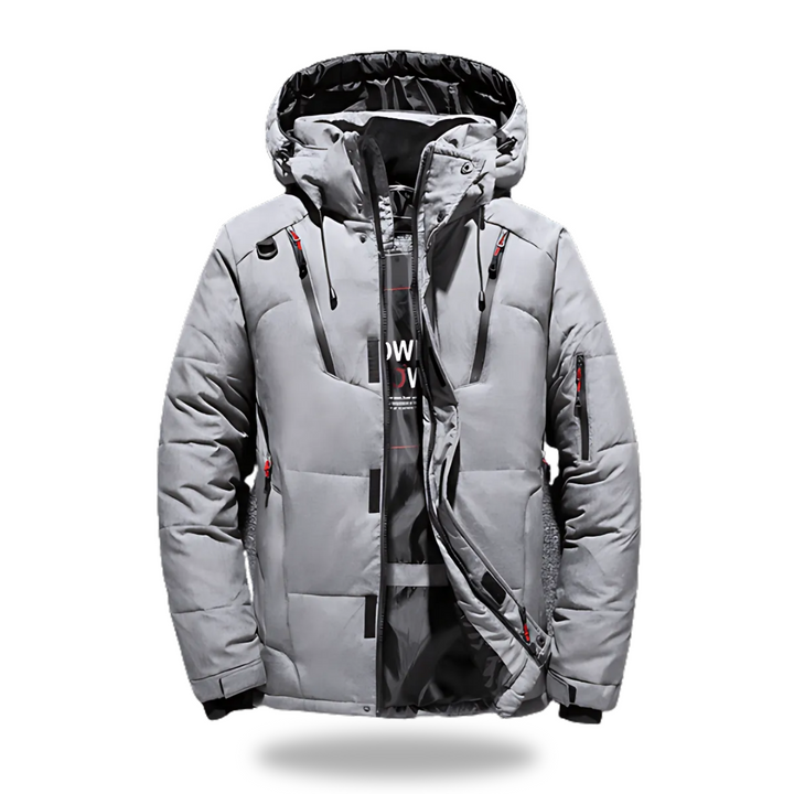 "Wasserdichte Winterjacke mit Kapuze für Damen und Herren, Rückansicht, hochwertiges und isoliertes Material, in Schwarz."