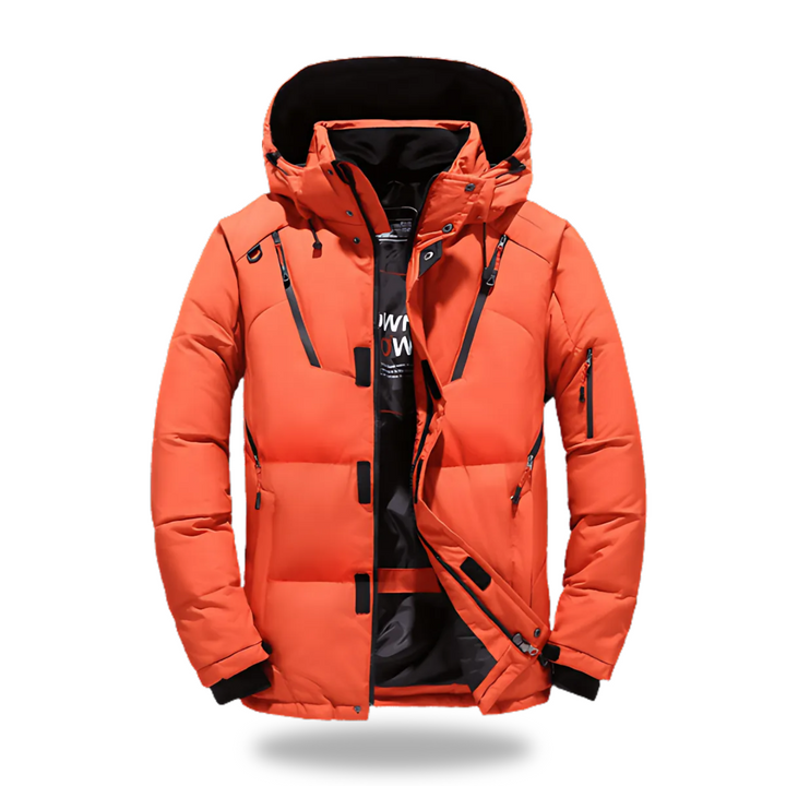 "Wasserdichte Winterjacke mit Kapuze für Damen und Herren, Rückansicht, hochwertiges und isoliertes Material, in Schwarz."