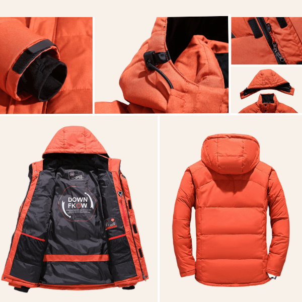 "Wasserdichte Winterjacke mit Kapuze für Damen und Herren, Rückansicht, hochwertiges und isoliertes Material, in Schwarz."