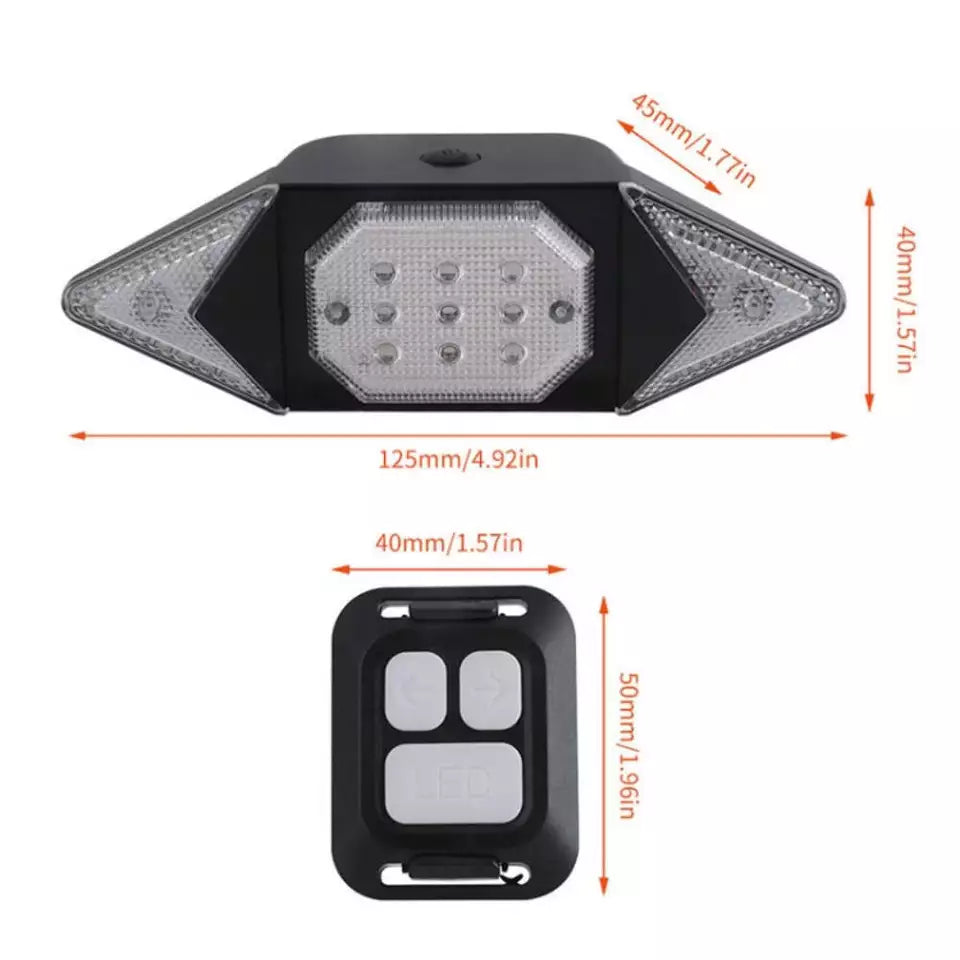 "Wasserdichter Fahrradblinker mit LED-Licht und Fernbedienung, an Fahrradrahmen montiert, bei Nacht sichtbar"