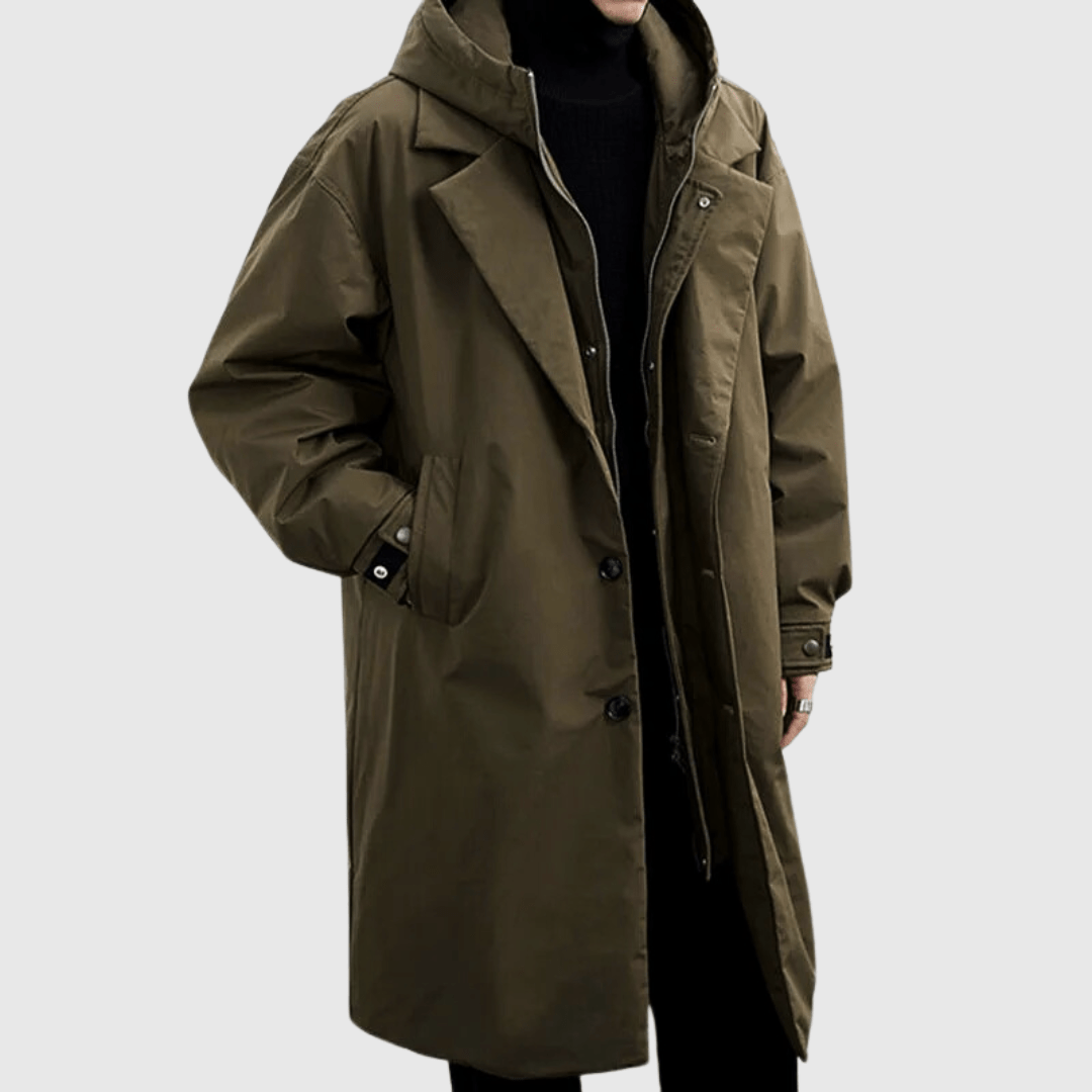 "Wasserfester Herren-Regenmantel, stilvolles Design, dunkelblau, Allwetter-Schutz, atmungsaktiv, elegant, robust."