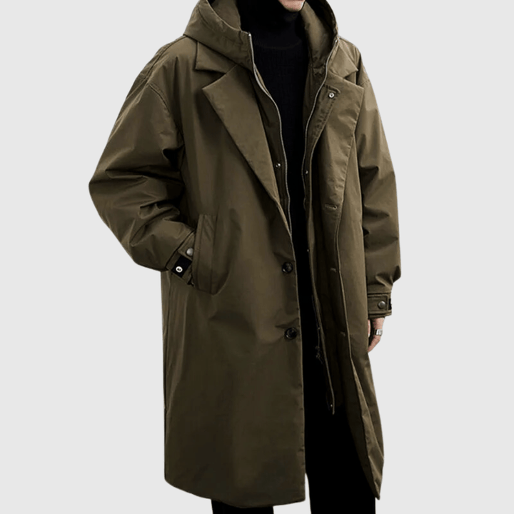"Wasserfester Herren-Regenmantel, stilvolles Design, dunkelblau, Allwetter-Schutz, atmungsaktiv, elegant, robust."