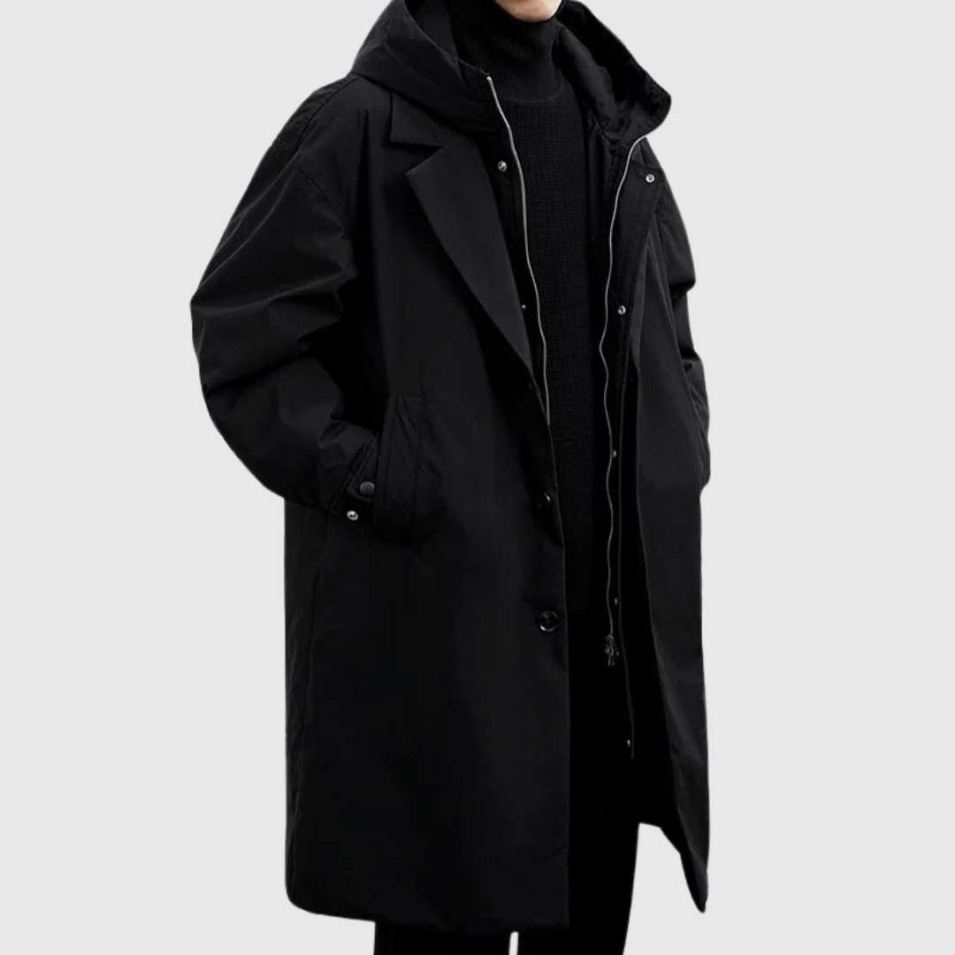 "Wasserfester Herren-Regenmantel, stilvolles Design, dunkelblau, Allwetter-Schutz, atmungsaktiv, elegant, robust."