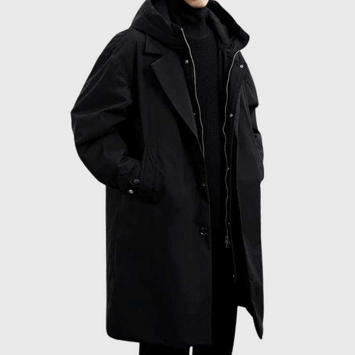 "Wasserfester Herren-Regenmantel, stilvolles Design, dunkelblau, Allwetter-Schutz, atmungsaktiv, elegant, robust."
