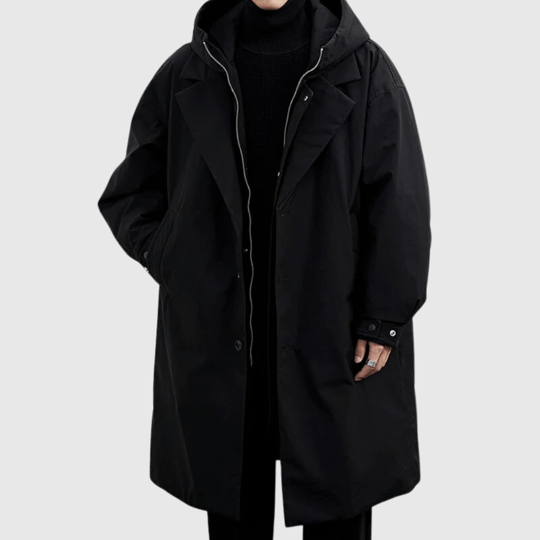 "Wasserfester Herren-Regenmantel, stilvolles Design, dunkelblau, Allwetter-Schutz, atmungsaktiv, elegant, robust."