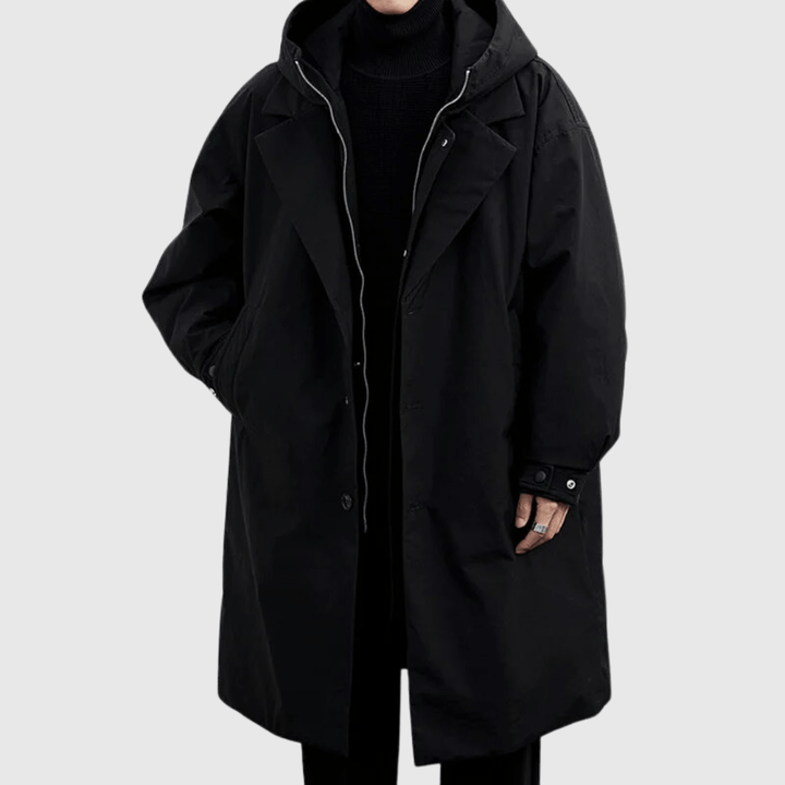 "Wasserfester Herren-Regenmantel, stilvolles Design, dunkelblau, Allwetter-Schutz, atmungsaktiv, elegant, robust."