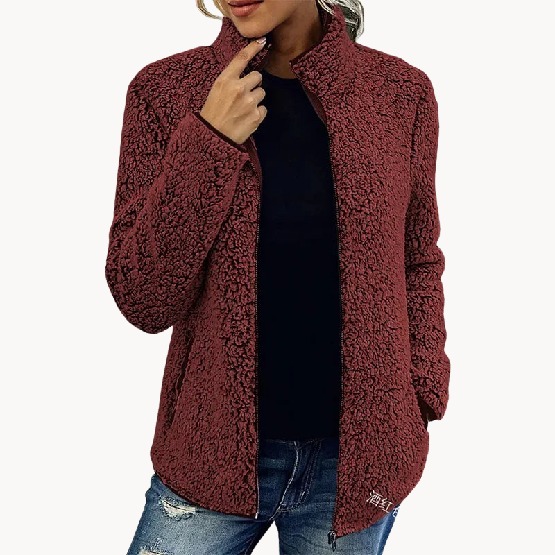 "Weiche Fleecejacke für Damen, modisch und warm, in Blau, Burgunderrot, Grau oder Olivgrün. Perfekt für kalte Tage."