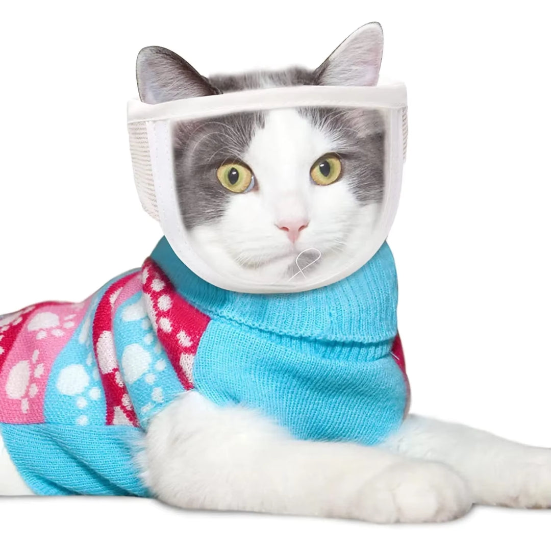 "Weiche Katzen Schutzmaske, atmungsaktiv und verstellbar, für Schutz und Komfort nach Operationen."