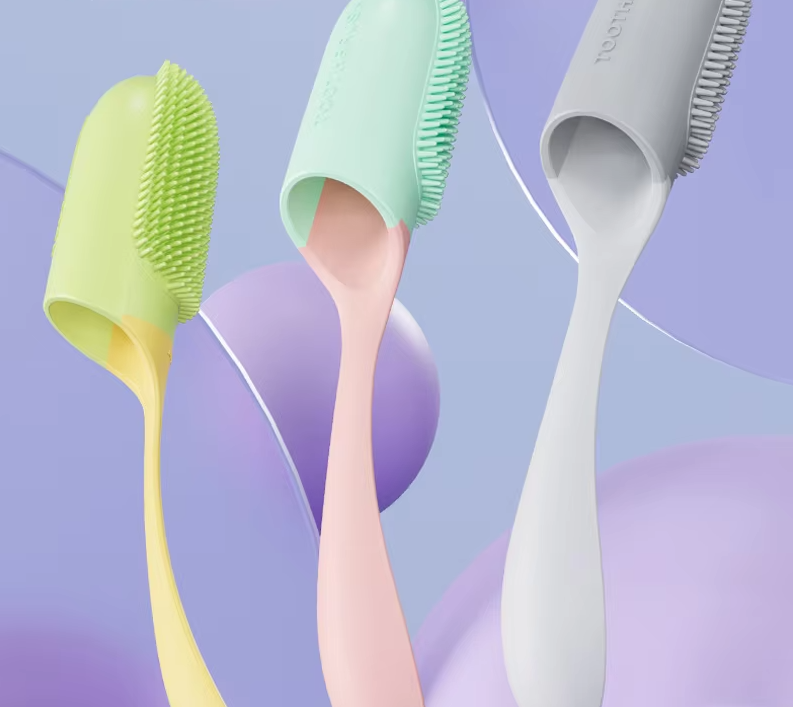 "Weiche TPR Zahnreinigungsbürste in Rosa, Grau oder Gelb zur sanften Zahnpflege und Zungenreinigung, ergonomisches Design."