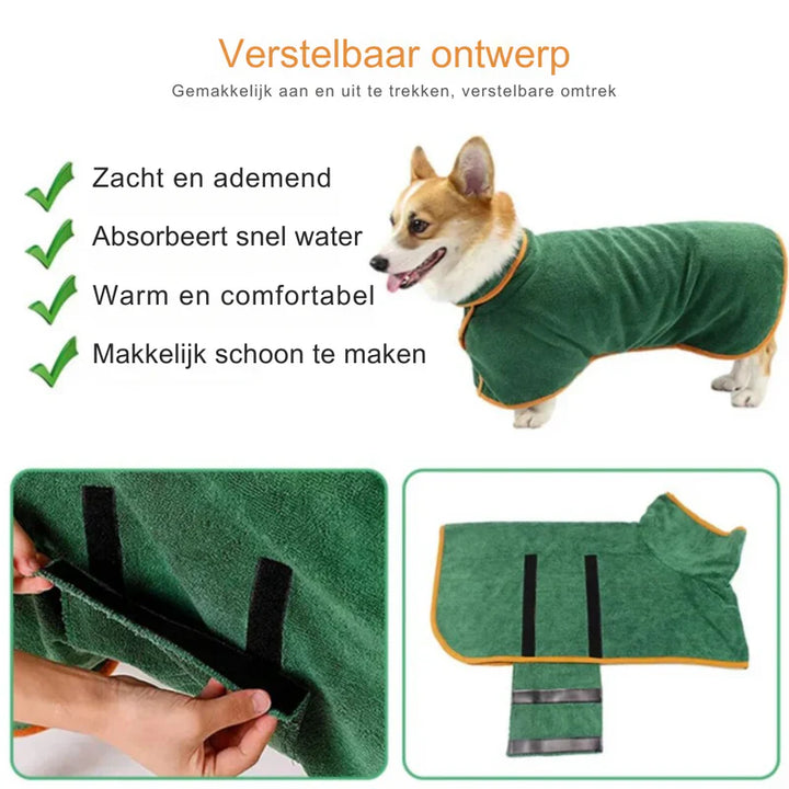 "Weicher, saugfähiger Hundebademantel für schnelles Trocknen und Schutz vor Kälte, passend für alle Hundegrößen."