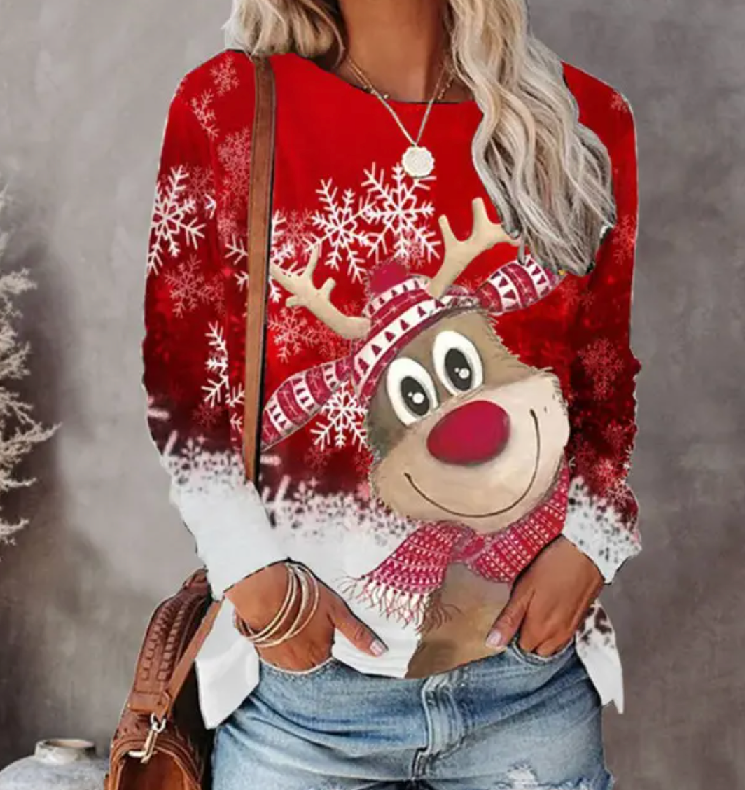 "Weihnachtspullover mit festlichem Design, rote und grüne Farben, gemütlich, perfekte Wahl für kalte Tage und Weihnachten."