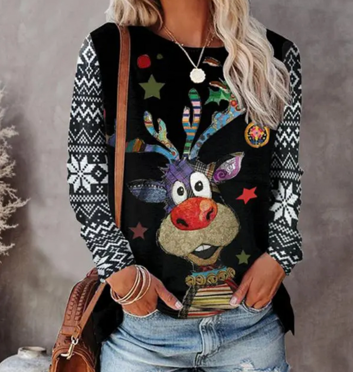 "Weihnachtspullover mit festlichem Design, rote und grüne Farben, gemütlich, perfekte Wahl für kalte Tage und Weihnachten."
