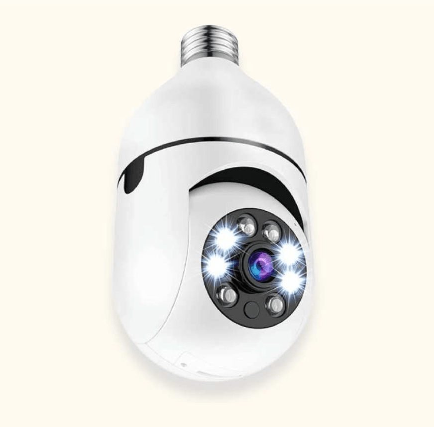 "Weiße 360° WLAN-Sicherheitskamera mit HD 1080p, Nachtsicht und Mikrofon, kugelförmiges Design, für umfassende Überwachung."