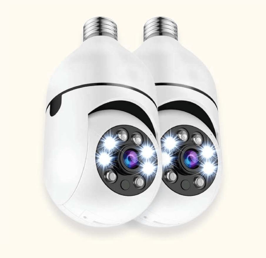 "Weiße 360° WLAN-Sicherheitskamera mit HD 1080p, Nachtsicht und Mikrofon, kugelförmiges Design, für umfassende Überwachung."