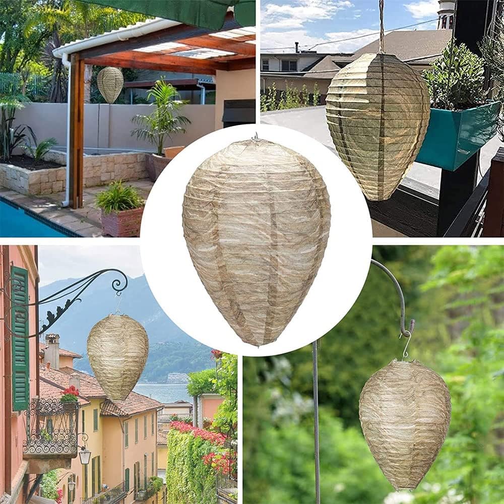 "Wespennest Abwehr Lampe hängend, mesh design, umgeben von beleuchteten Insekten, idealer Schutz für Sommerabende"