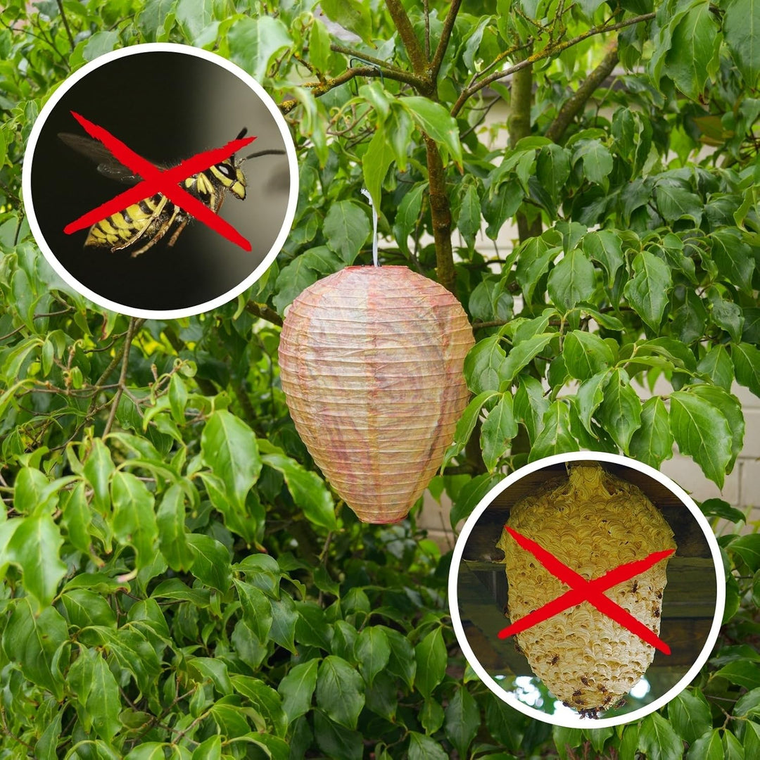 "Wespennest Abwehr Lampe hängend, mesh design, umgeben von beleuchteten Insekten, idealer Schutz für Sommerabende"
